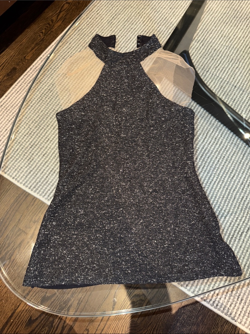 Bailey 44 Black Sparkle One-Shoulder Knit Dress with Sheer Nude Sleeve